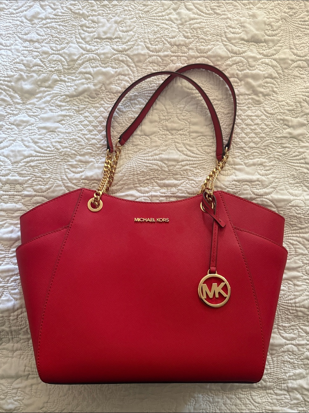 BNWOT Michael Kors Red Saffiano Leather Tote with Gold MK Charm